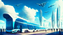 alien bus station, electric buses, with many people waiting, tall buildings in the background, futuristic cars, blue sky, white clouds