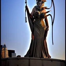 a steampunk robed Roman liberty goddess of New York, centrepiece ,10 Grenelle,biomorphic,structure,esoteric staircase,bioluminescence,New York, interior design, Les Echos, NY liberty statue, LVMH, media division, minimalist, palace environment, parametric sculpture, Liberty Statue of New York , refined details, masterpiece of Ora Ito