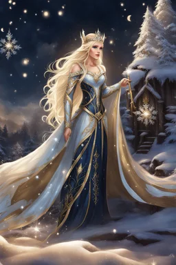 Elven princess,elven crown,long white blonde golden hair,rapunzel hair,ice flowers,beautiful,light blue,dark blue,golden armor,sparkle,glitter,ice flowers,snow,elven ears,dark fairy princess