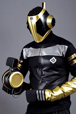 Metallic Cyber-punk style man with a web-camera-mask and old AKG-style headphones with golden. Large fencing mask covers man's cheeks. Man in good body shape. Reflective plastic body surface skin, full-coverage. Body and head full of integrated old-fashioned cameras and an old telephone. Silver to black latex surfaces body. Perfect body. Equations, Euclidean 3D-tiling, Escher tiling. Cables in head. Daft Punk 1996. Matrix black leather jacket with a Hood. Chains.