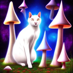 mystical white cat sits on a psychedelic mushroom