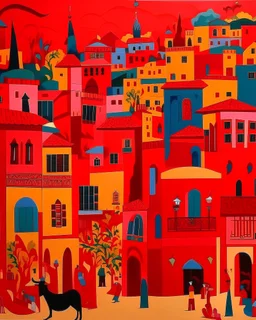 A cherry red village with torches designed in Moroccan rug art painted by Stuart Davis