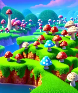 A small and colourful mushroom town in the middle of a large mushroom forest