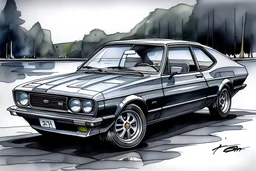 a modern, new ford capri metallic gray drawing water colour