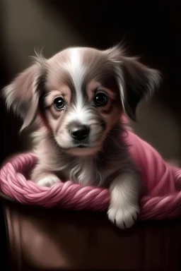 full body puppy,sweet beautiful pink puppy. Puppy in rieten mand, big gray eyes looking at you, digital painting