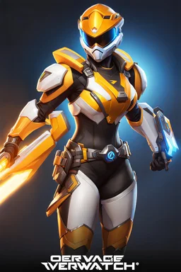 Conceptual artwork for an Overwatch character skin that envisions Tracer from Overwatch as a Power Ranger, helmet included, maintaining the original color scheme and elements of her primary attire.