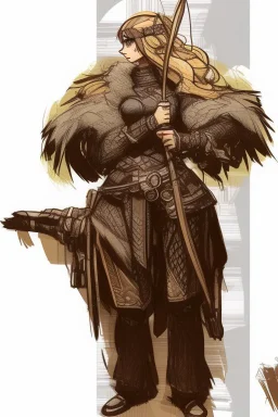 Girl Archer concept art, small head, full body, sketch, coll style