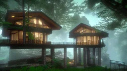 modern house by a big water falls in a karstic montain rain forest