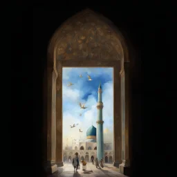 Big person zoom in like the Prophet Muhammad see the jamkaran mosque in Iran has more blue green color and gold for pattern islamic in the dome . one big domes with beautiful lighting . white Daffodil flower in the floor , clouds with small birds in sky with crescent moon of ramdan . painting watercolor ,simple and islamic style , Painting watercolor ,people in the pictuer