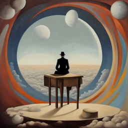 person alone in planet,cover art, surrealist painting called 'today I am thinking about time by dali and picasso and magritte and Breughel