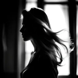 Blurred image, silhouette of woman moving hair, black and white, white light