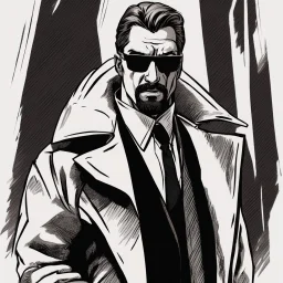 a young man with big muscles who looks like hans gruber wearing a heavy coat and red sunglasses staring with an angry look on his face