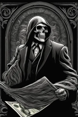 LINE TONE, WSJ STYLE, HEDCUT, ultra high image quality, HEAD AND SHOULDERS SHOT, Grim Reaper, WEARING A 3 PIECE SUIT, POSED FOR DOLLAR BILL PORTRAIT, , Close-up of an set against AMOLED-worthy pure black backdrop, fantasy art style infused with filter, tailored for vertical wallpaper, exclusive design with no duplicates, radiating beauty suitable for a PC screen image, vivid colors, ultra fine, digital painting, BASED ON THE UNITED STATES TREASURY NOTE ONE DOLLAR BILL