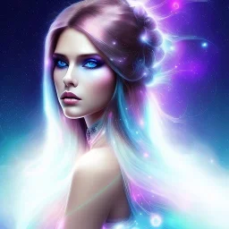 beautiful woman with long hair look the stars and northern aurora blue turquoise lights, blue, pink,