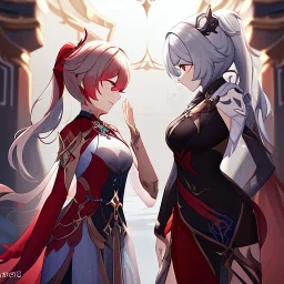 High quality, Detailed, 1girls, looking at eachother very angrily, wearing a genshin inspired outfit, the outfit has some holes, the outfit also has a very see through fabric, grey hair with on ponytail, red hair