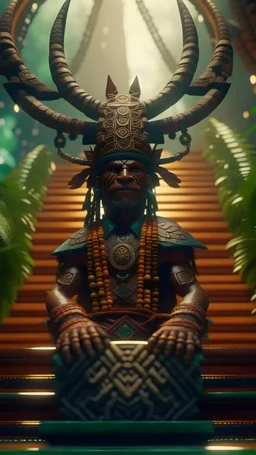 close up portrait of a happy blessed ancient magical king buffalo soldier standing on a throne in a space alien mega structure with stairs and bridges woven into a sacred geometry knitted tapestry in the middle of lush magic jungle forest, bokeh like f/0.8, tilt-shift lens 8k, high detail, smooth render, down-light, unreal engine, prize winning