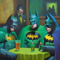 An oil painting of a dark universe masonic sad drunk batman convention, diferent colors batmans, green batman, orange batman, cyan batman.