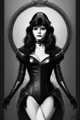 drawing of young victoria principal as evil queen in black leather, feminie, angry, stern look on her face, volouptous, busty, cleavage, emperious, mature, highly detailed, digital painting, artstation, concept art, smooth, sharp focus, illustration, art by gaston bussiere and alphonse mucha