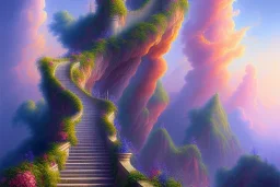 mythical long stairway up to heaven in the sky, beautiful colours, romanticism, fantasy, Neo-Impressionism, fine art