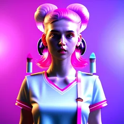 waitress teenager, color makeup, pink hair, hamburger with chips in tray, rounded face, shirt, vibrant color, cyberpunk style, highly detailed, art stations, concept art, smooth, unreal engine 5, god rays, ray tracing, RTX, lumen lighting, ultra detail, volumetric lighting, 3d, finely drawn, high definition, high resolution, gradient background