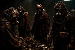 movie scene: in a post apocalyptic future: people search the remains of civilization for remnants of civilization, their clothes are made of garbage and are improvised. they wear improvised ((very detailed)) masks for protection. The costumes are very detailed and made of garbage, metal parts, scrap metal, belts, bags, car parts, spikes, They are armed and look very dangerous. all is broken, extremely used, burnt, dangerous and rusty. The mood is very gloomy, dystopian and depressive. The air is