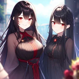 Clear focus, high resolution, black long fluffy hair, red eyes, wearing a cute outfit, kawaii