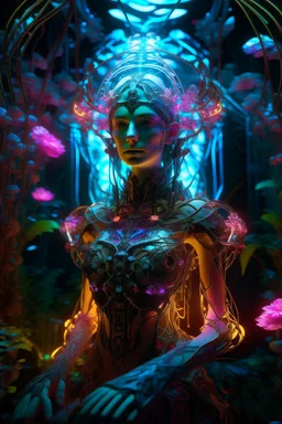 Princess in a dress, filigreed flowers, molten transparent glass and crystal in a magical neon forest, light elements, detailed leaves, cyberpunk flickers in the petals, light botanical, cyber art, art bionicle, cyberpunk style, 16k, 100mm lens, f/8, symmetry