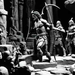 (stop-motion animation style of Ray Harryhausen) The climax of the Odysseus saga, a moment of intense suspense and revelation. Odysseus with his iconic bow, the wily hero, facing his ultimate challenge as he confronts the suitors in his own home. The tension mounts as he reveals his true identity and executes his masterful plan to reclaim his kingdom and reunite with his beloved Penelope. The climax pulses with drama and emotion, as Odysseus proves his cunning and strength in a final showdown th