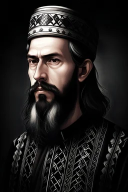 The king wears a crown with long hair and a bushy beard with a sharp gaze