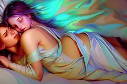 colourful digital painting of beautiful aphrodite full body embracing old man on beds, by michaelangelo