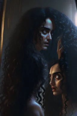 Close up of a beautiful woman with long curly black hair looking at a mirror but her reflection in the mirror is a dark demon with intense scary eyes. Super realistic, 8k high quality