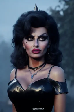 young sophia loren as evil queen in black leather, angry, stern look, volumetric lighting, particales,highly detailed,cinematic, deep colours,8