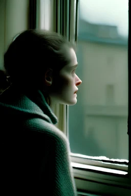 a film shot of a woman looking out a window