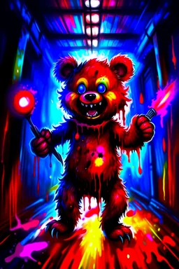 A maniacally laughing psycho evil teddy bear holding a knife, his one eyeball (made of a button and thread) hangs down his furry face, creepy, nightmarish, scary and surreal, the background is a bloody hallway erupted with bright multi-color flames, animatronic, cartoonist, absurdist, exaggerated, character design, horror cut v.I, horror art, five nights at Freddy, similar art to chucky, garbage art, graphic novel illustration style, videogame art, post modern cartoon, trending on artstation, Ka