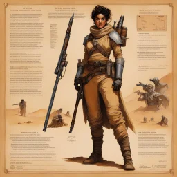 character concept sheet with AD&D statistics and characteristics, [high res photo by Norman Rockwell for Dune module B3] a female version of Mad Max in Dune stillsuit as a Tusken Sand People, holding a rifle ,in a full body dynamic pose