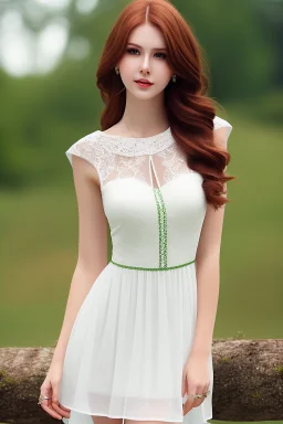 full shot body of Woman portrait with fairly pale skin , green eyes, long auburn hair, and wearing a pretty lace dress . Her outfit is a sexy dress , nice sport shoes. country side ,small lake with a hose in side,