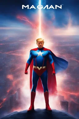 movie poster - "MAGA MAN" - Donald Trump as 'Maga Man,' Extremely Muscular, Skintight, formfitting, crimson bodysuit, blue cape, silver boots, multicolored Lightning, Multicolored vortex, neon lit futuristic cityscape, mist, fog, speed, extremely overexaggerated musculature,