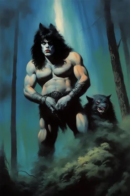 "Double Exposure" {{{{paul stanley full color oil painting art by Alex Ross, fog and clouds rising in the foreground}}}}. {{{{A giant werewolf roaming the woods at night, oil painting art by frank frazetta}}}}