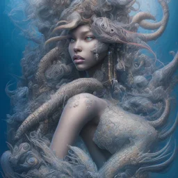 sango fantasy, fantasy magic, intricate, sharp focus, illustration, highly detailed, digital painting, concept art, matte, artgerm and paul lewin and kehinde wiley, masterpiece sexy lips Hawaiian afro lips black African lady body mermaid lionfish head blue space lady beach sea under water mermaid seaweed