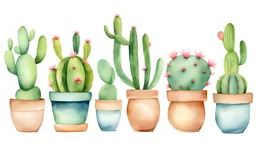 Cactus in pot in a row filled the area in style of watercolor on a white background