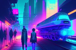 Cyberpunk street with holograms and train