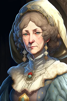 Anime, bubbly middle age woman with medieval gown, HD, extreme detail in the face