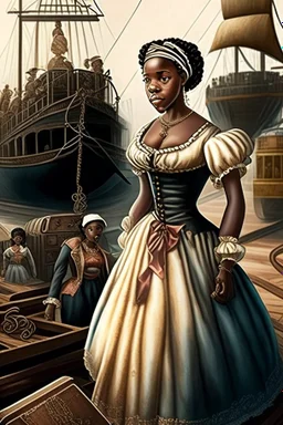 Create an image representing the "fancy girl" industry controlled by Armfield and Franklin, with scenes of transportation and trade. Depict the contrast between the lives of slaves considered "fancy girls" and other slaves during that era.