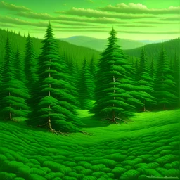 A green plain filled with evergreen trees painted by Frank Wilson