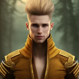 Male, Human, Blond, Sorcerer, Fire Mage, Golden Eyes, Young, Photorealism, Full Body Shot, Forest Background