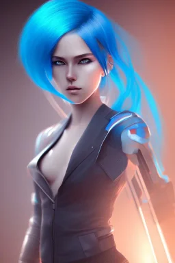 anime girl, dramatic lighting, blue hair, cyberpunk, hd, action pose