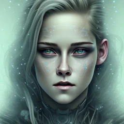 Kristen Stewart, karlan, icy blue, anime, mutated human,tears, crying, sad, fae, majestic, ominous, ice, plants, wildflower, facepaint, intricate, oil on canvas, masterpiece, expert, insanely detailed, 4k resolution, retroanime style, cute big circular reflective eyes, cinematic smooth, intricate detail , soft smooth lighting, soft pastel colors, painted Rena