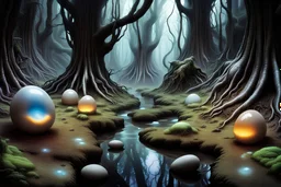 H.R.Giger-style forest on the surface of an alien planet, a small stream with rocks, colorful glowing alien plants, alien trees, slimy worms hanging from the trees, in the stream there is an H.R. Giger-style, half-open translucent slimy skin egg an embryo can be seen in the egg, the egg next to him is a female astronaut wearing an H.R. Giger-style space suit,DSLR camera Sony Alpha 7 50mm 1.8,medium shot,high-resolution image with fine details, Ridley Scott film style