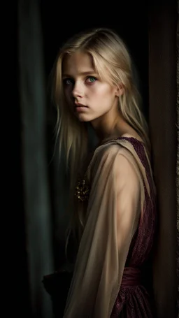 portrait of a poor young girl with blonde hair, Heterochromic eyes, Dark fantasy