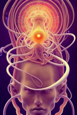 Spiritual being with Tentacles over human Head creating reality around, wrapping Spiral around Human, Psychedelic